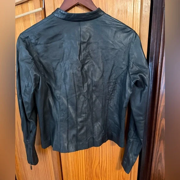 Genuine Leather Button Motor Jacket - Black size 2 - Picture 3 of 5